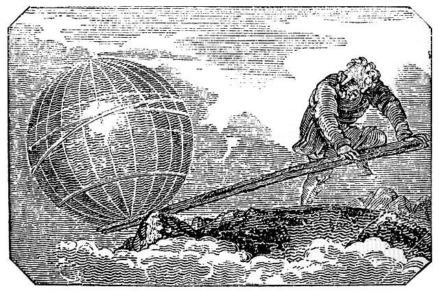 An 1824 engraving of Archimedes standing on a distant point in space, using a long lever balanced on a fulcrum to lift the globe of the earth.